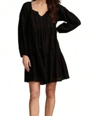 Lucky Brand Cotton Embroidered Tiered Long-Sleeve Black Boho Mini Dress L